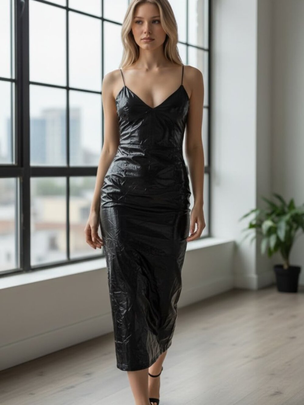 SHEIN SXY Faux Leather Cami Shiny Crinkled Midi Dress Size M NEW (A1)